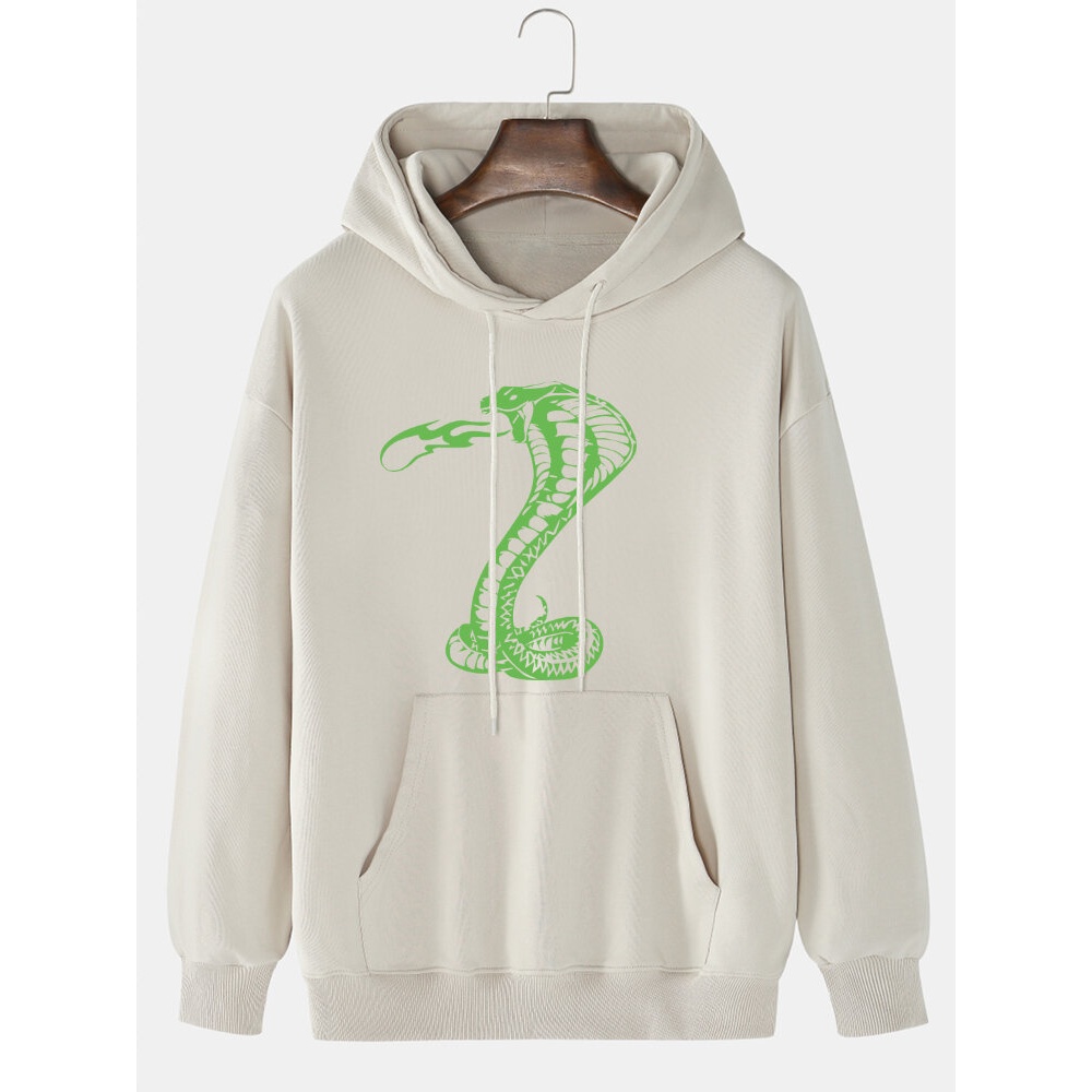 Mens 100% Cotton Snake Printed Drop Shoulder Drawstring Hoodies With Kangaroo Pocket - Black L