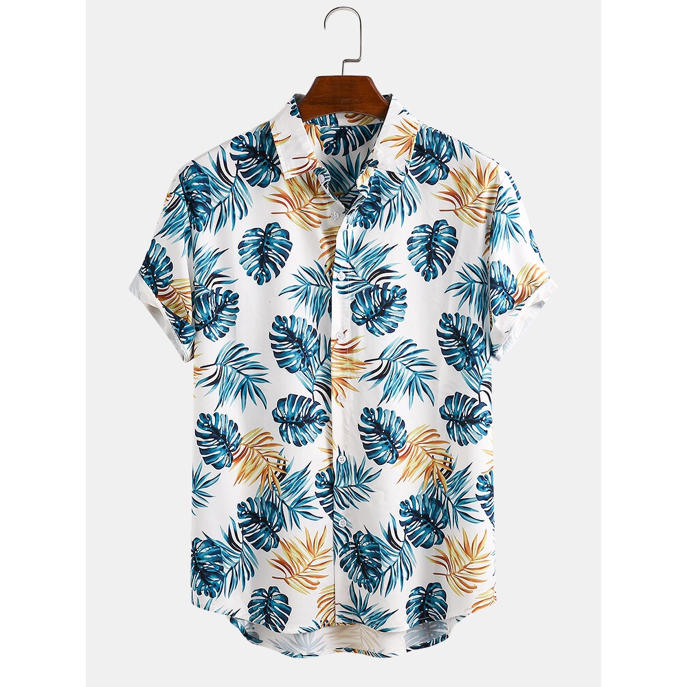 Men Tropical Plant & Leaf Print Holiday Casual Shirts - Blue XL