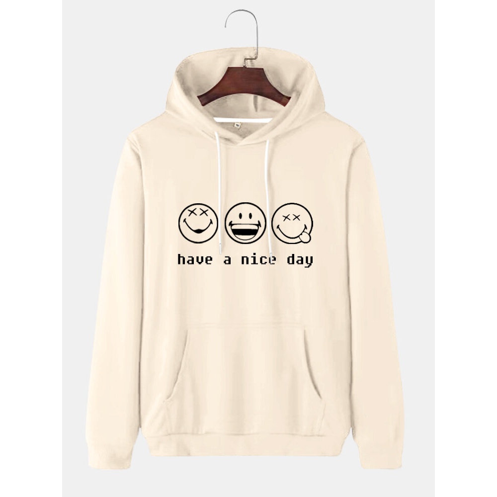 Mens Cartoon Smile Face Slogan Print Cotton Drawstring Overhead Hoodies - Black 2XL