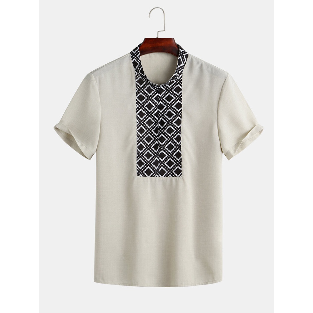 Mens Vintage Stripe Pattern Breathable Stand Collar Casual Shirts - XL Khaki