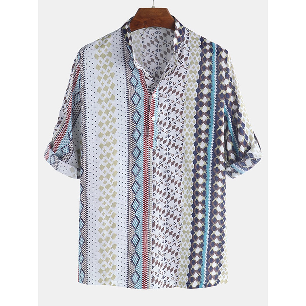 Mens Vintage Ethnic Style Printing Half Sleeve Loose Casual Henley Shirts - L White
