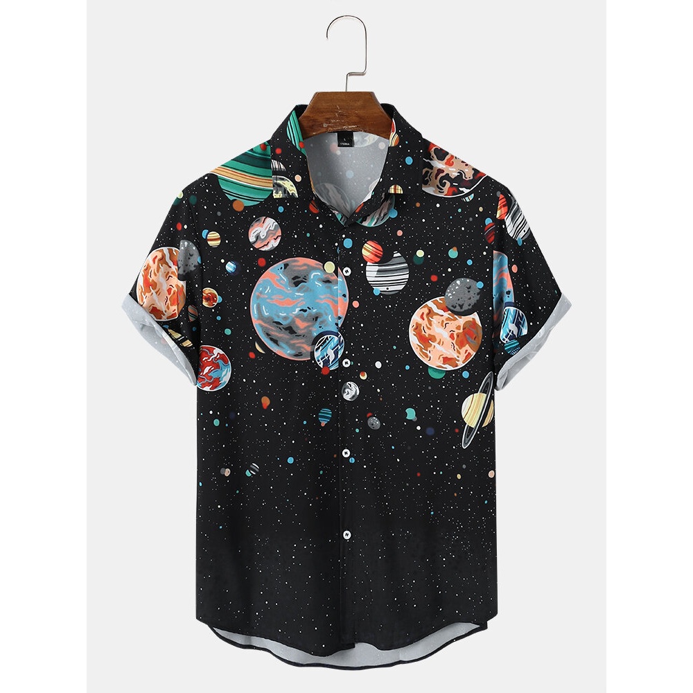 Men Galaxy Planet Print Black Lapel Shirts - Black S