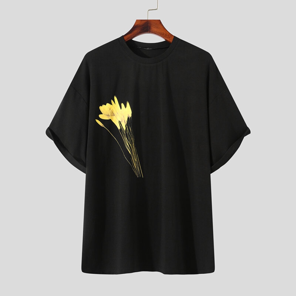 Men T-shirt Loose Flower Printed Breathable Short Sleeve Soft Blouse Tee Outdoor Hiking - Black S - Image 2