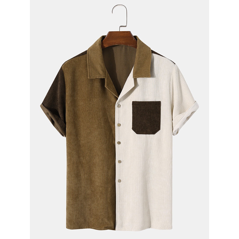 Mens Corduroy Pocket Revere Collar Casual Shirts - Apricot 2XL