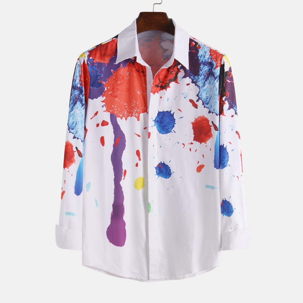 Men Colorful Splashing Ink Long Sleeve Shirts - M Red