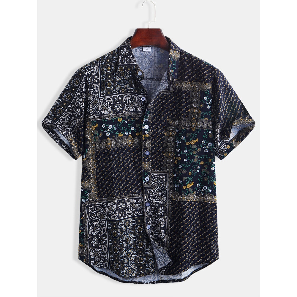 Mens Vintage Printing Ethnic Style Loose Fashion Shirts - 2XL Black Gray