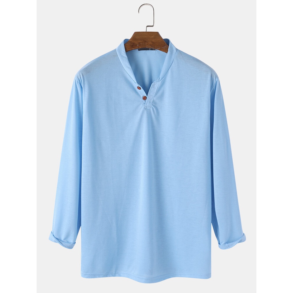 Mens Solid Color Button Casual Long Sleeve Henley Shirts - Khaki XL