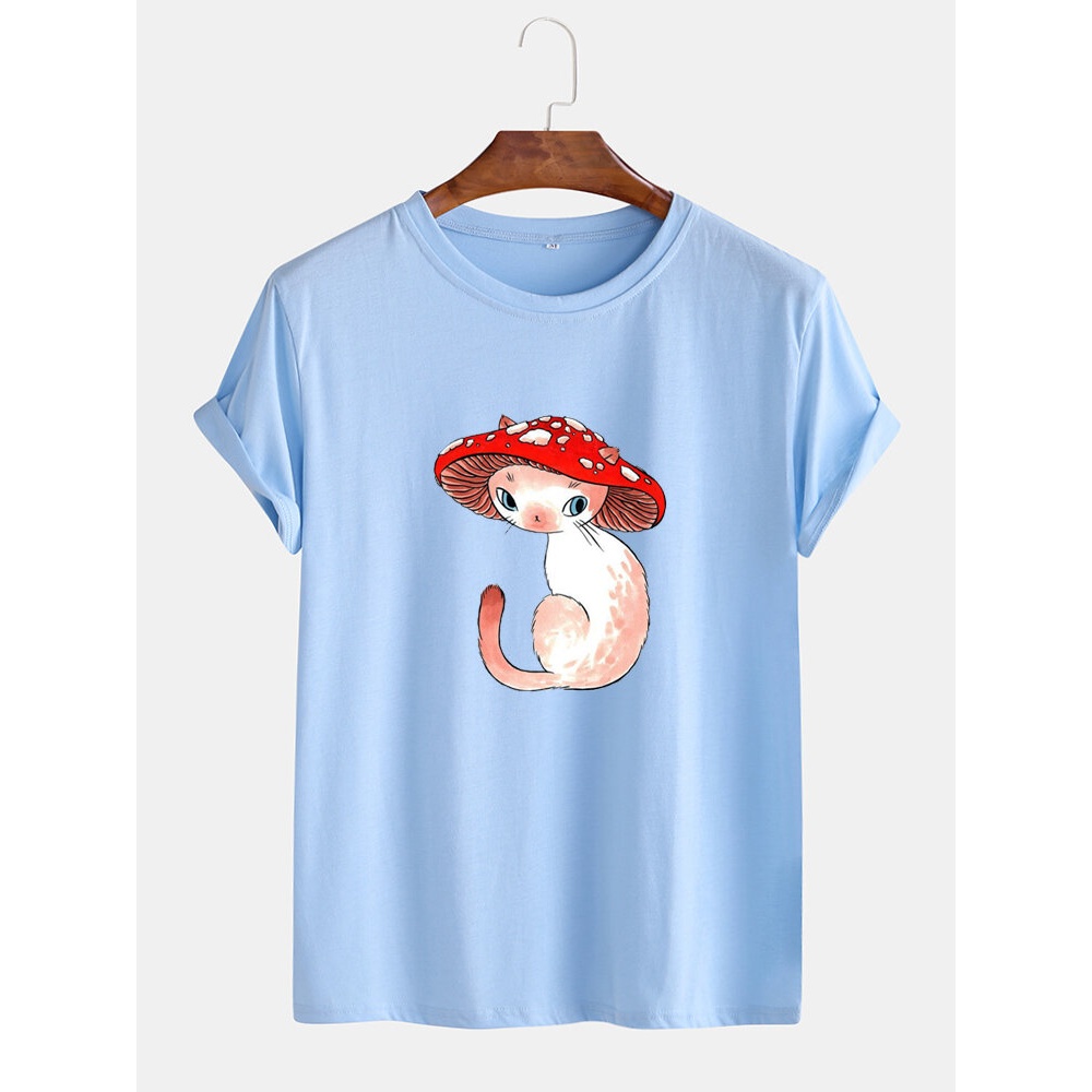 Mens Cartoon Mushroom Cat Print Round Neck Short Sleeve T-Shirts - Sky Blue S