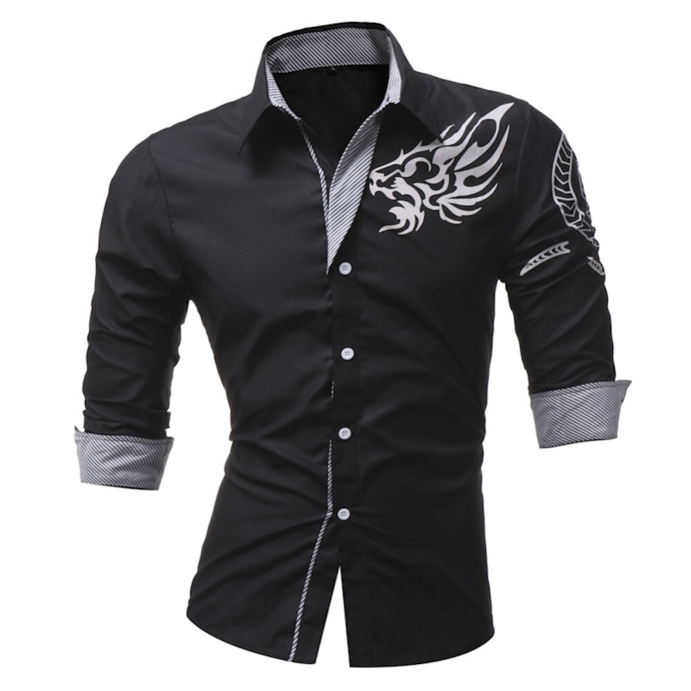 Men Fashion Totem Printing Long Sleeve Casual Designer Shirt - 2XL Black