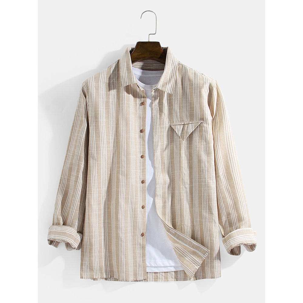 Mens Stripe Button Up Cotton Plain Casual Long Sleeve Shirts - Khaki S