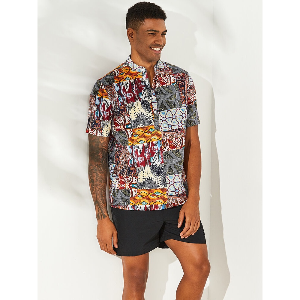 Mens Vintage Splicing Summer Thin Casual Loose Printing Henley Shirts - XL Blue