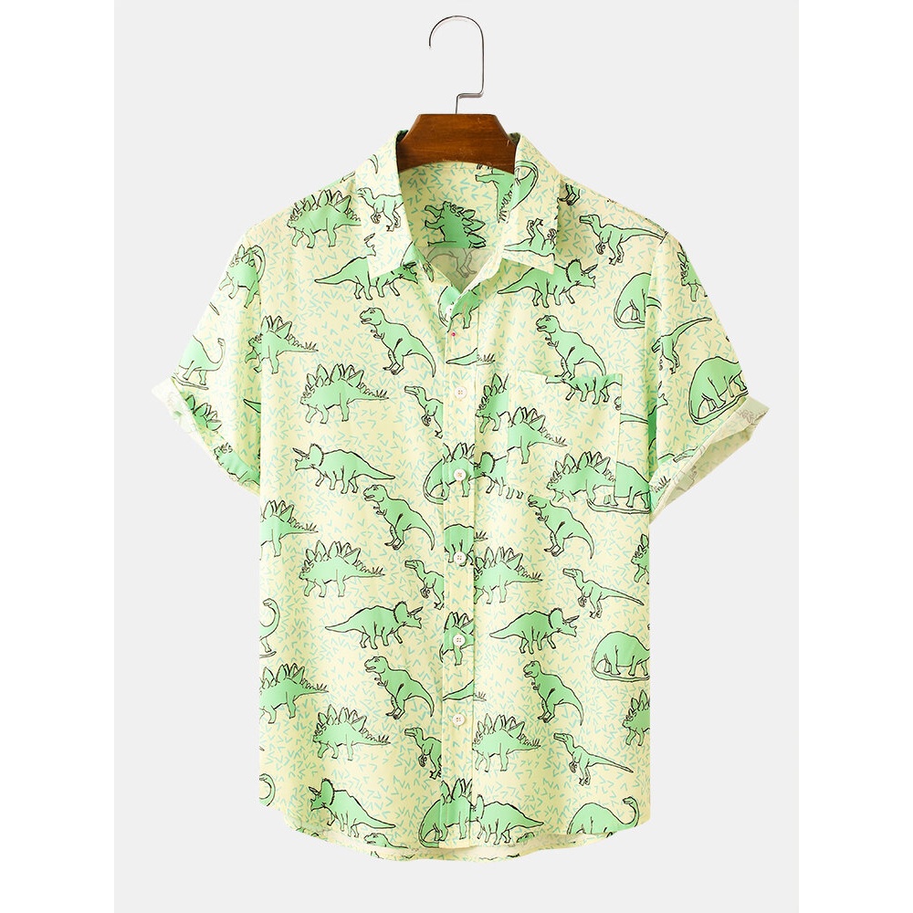 Mens Cartoon Dinosaur Print Lapel Short Sleeve Shirt - Green M