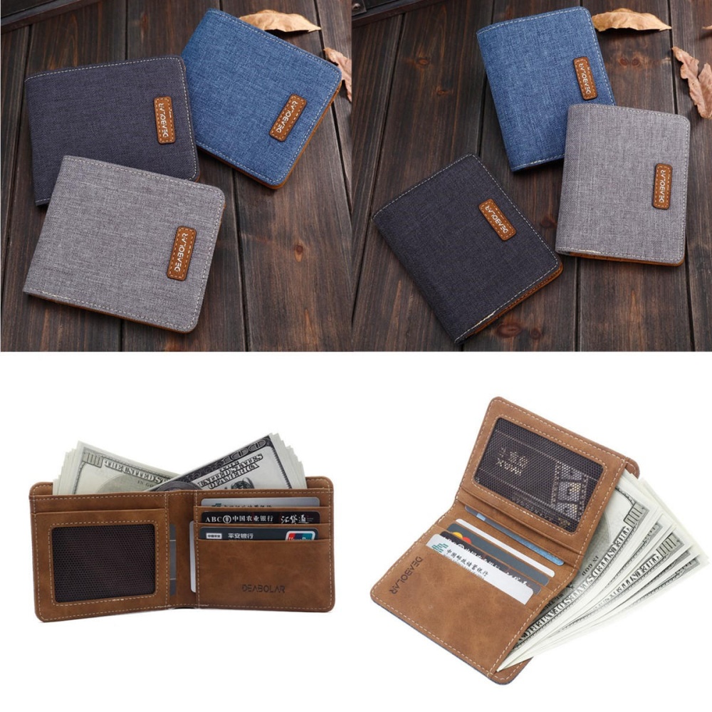 Men Canvas Slim Billfold Wallet Clutch Handbag Credit Card Purse Holder - Horizontal Grey