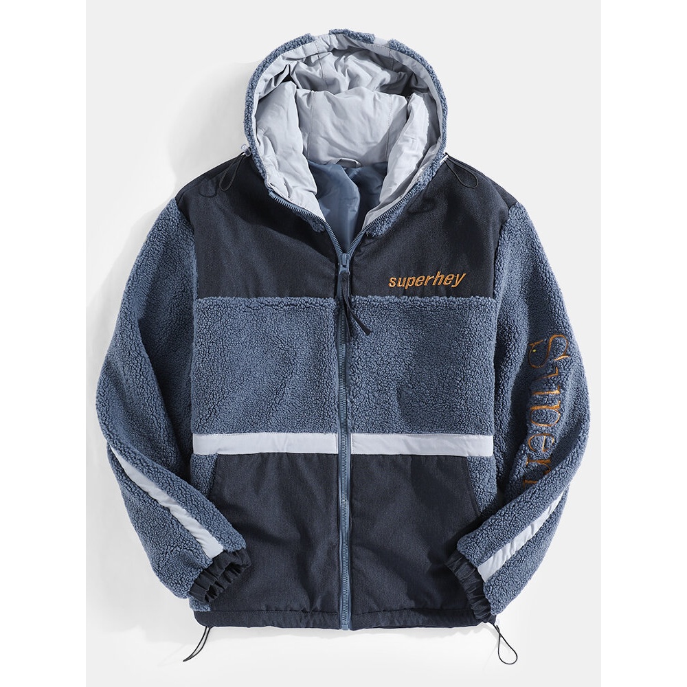 Mens Letter Embroidered Patchwork Plush Warm Hoodie Jacket With Pocket - White M