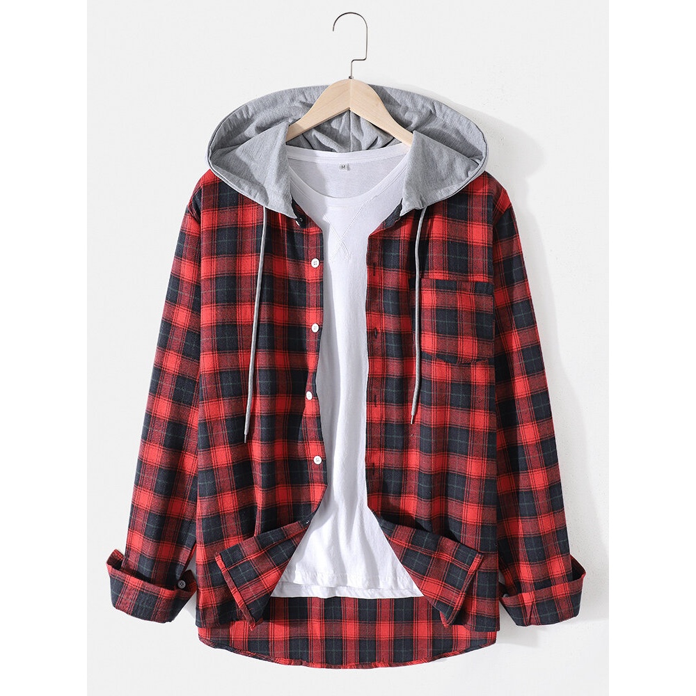 Mens Classic Plaid Long Sleeve Button Up Pocket Hooded Shirts - S Yellow