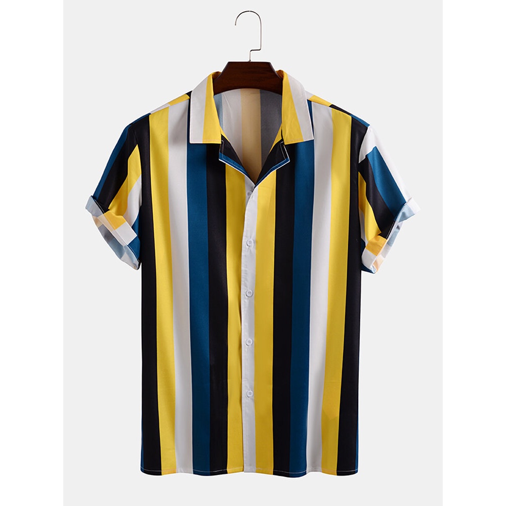 Mens Wide Striped Revere Collar Short Sleeve Shirts - Yellow M
