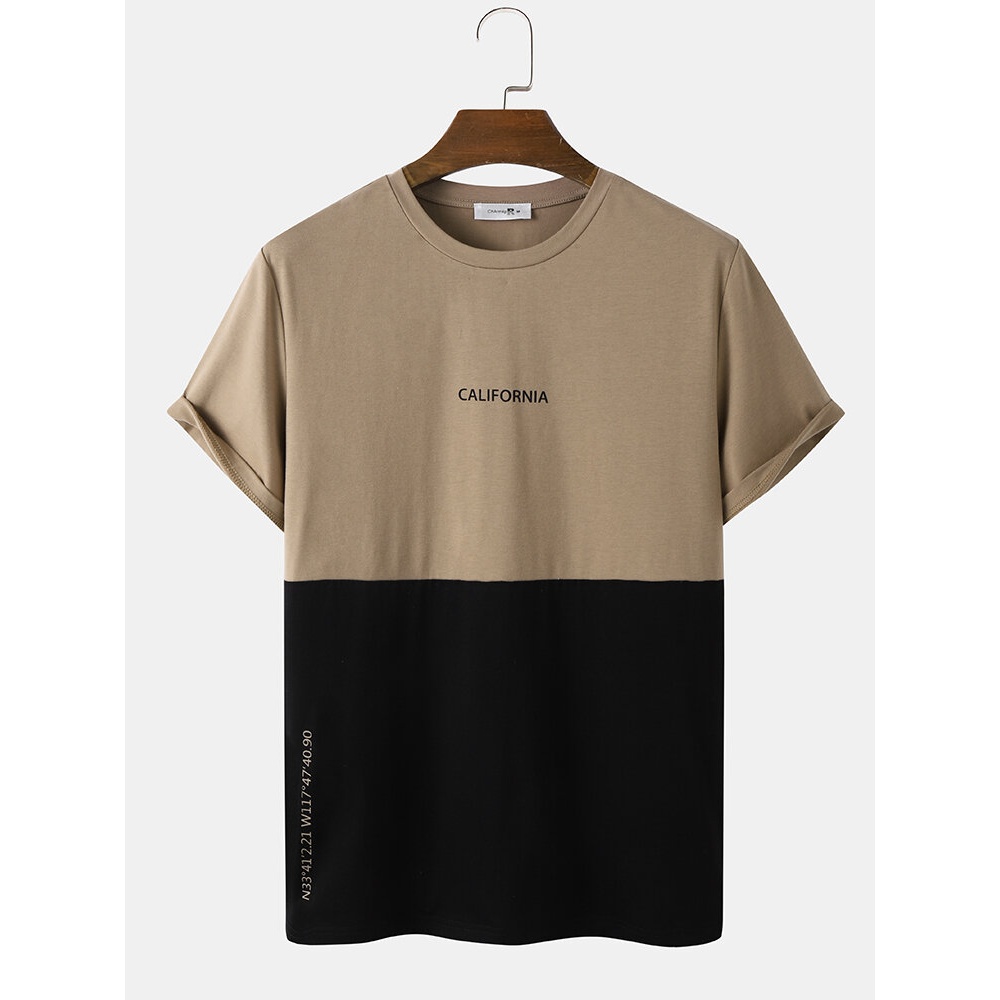 Mens Veins Citry Letter Print Two Tone Patchwork T-Shirts - Khaki S