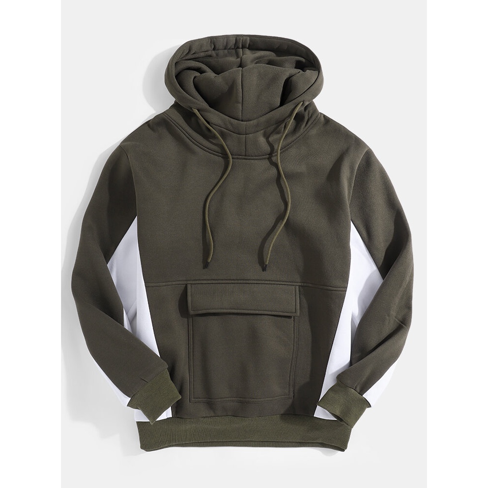 Mens Contrast Patchwork Casual Drawstring Hoodies With Flap Pocket - Army Green S