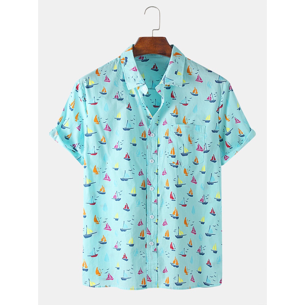 Mens Cotton Cartoon Sailboat Printed Button Up Hawaii Beach Short Sleeve Shirts - Blue 2XL