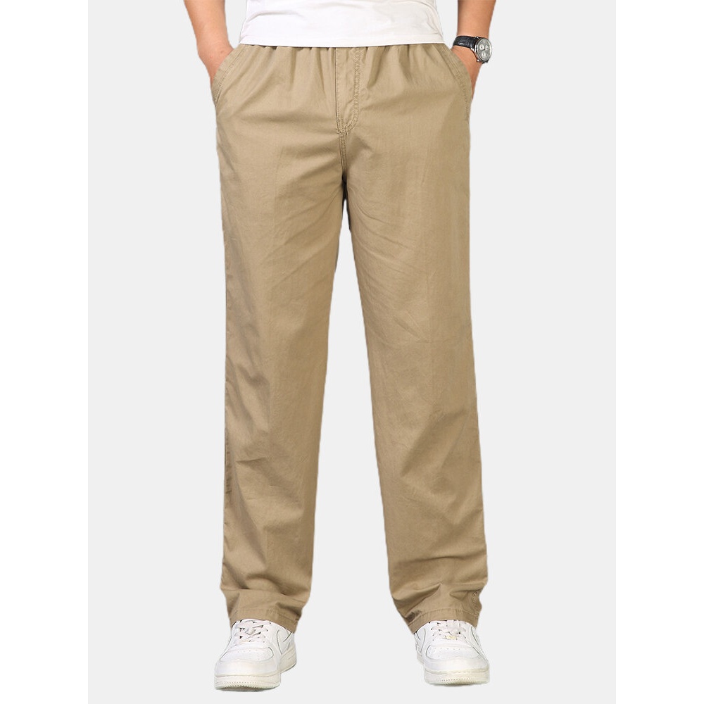 Mens Solid Color Elastic Waist Cotton Cargo Pants With Pocket - Khaki 3XL