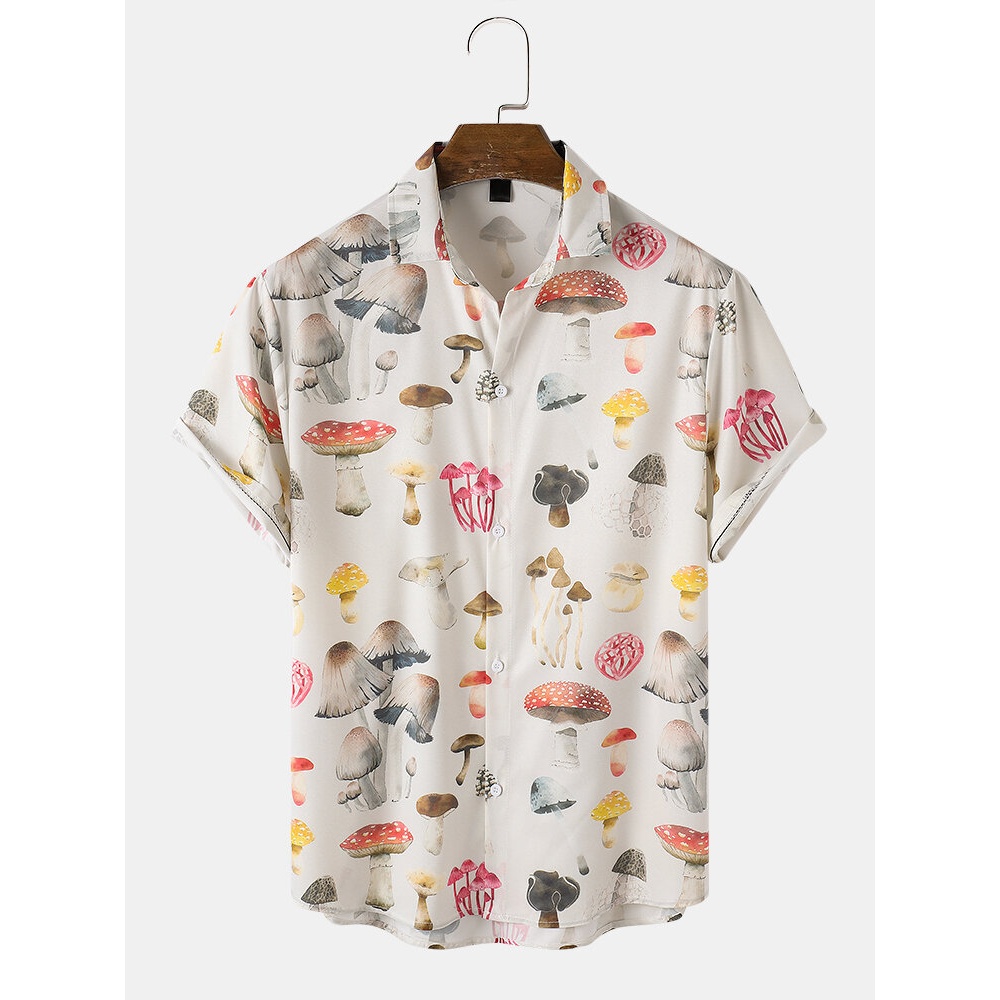 Mens Mushroom Pattern Print Button Front Community Spirit Short Sleeve Shirt - Beige S