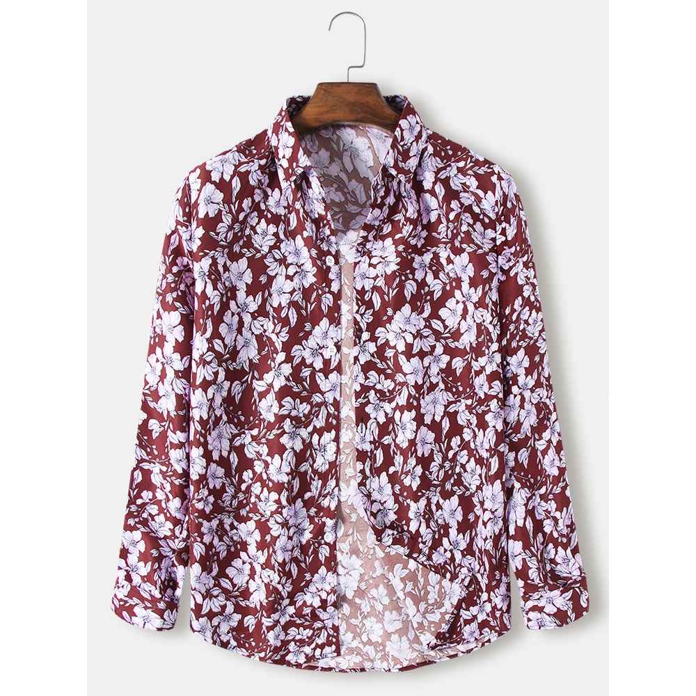 Floral Print Button Up Long Sleeve Casual Shirts For Men - Red L