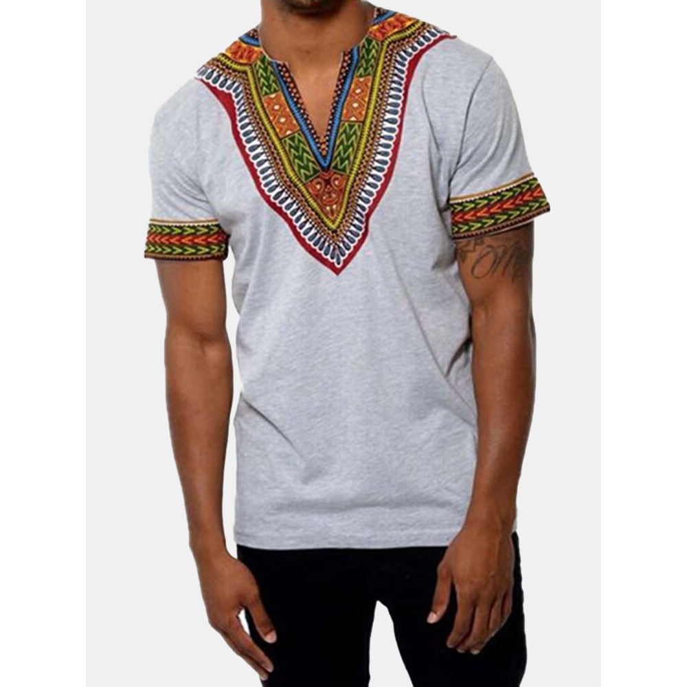 Mens African Ethnic Loose V Neck Printed FashionT-shirts - M White