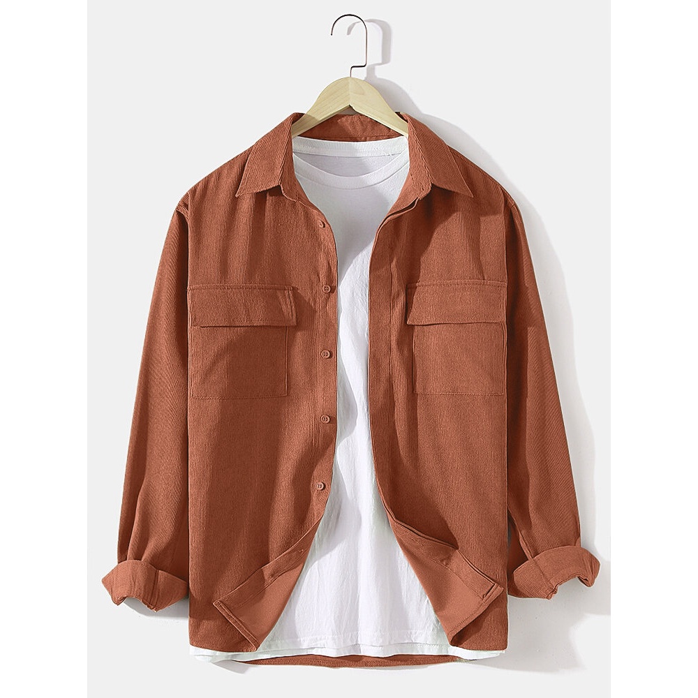 Mens Corduroy Double Pocket Lapel Long Sleeve Simple Shirts - Army Green 2XL