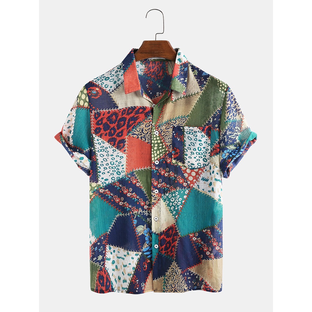 Men Ethnic Style Geometric Stitching Breathable Printing Hawaiian Casual Shirts - Blue 2XL