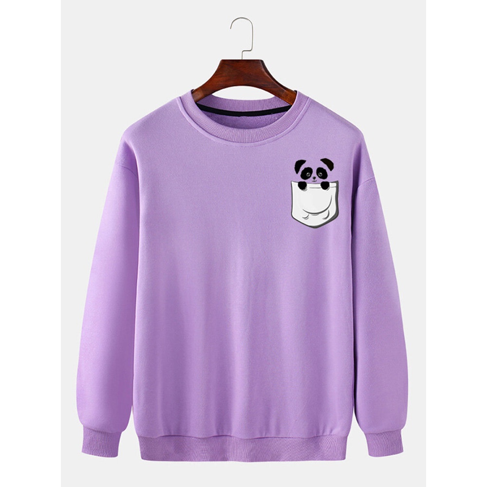 Mens Cotton Cartoon Animal Print Drop Shoulder Pullover Sweatshirts - White S