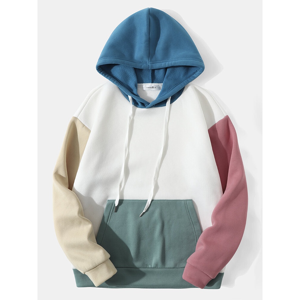 Men Contrast Color Patchwork Kangaroo Pocket Drawstring Preppy Hooded Sweatshirt - White S