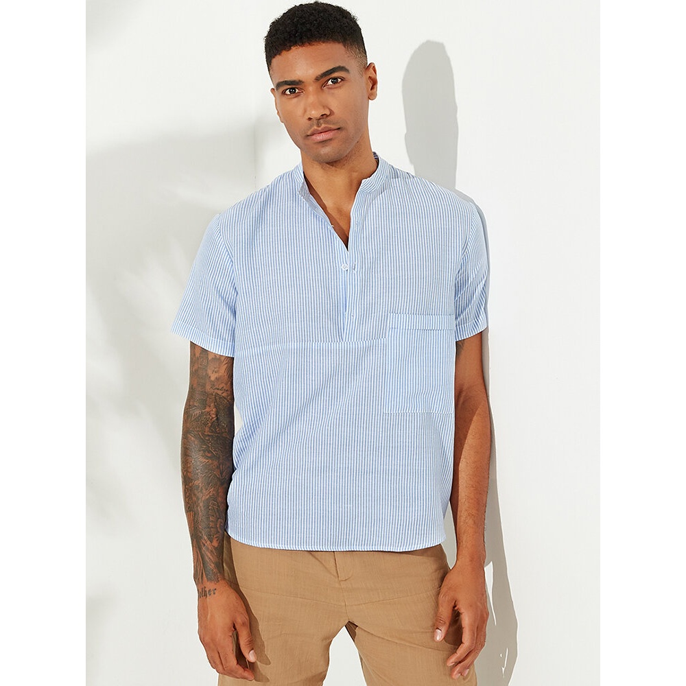 Mens Stripe Big Pocket Loose Breathable Casual Shirts - M Black