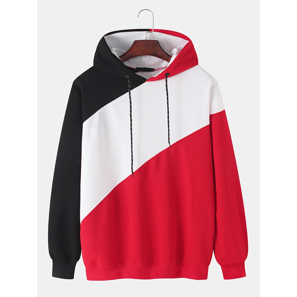 Mens Patchwork Contrasting ColorLong Sleeve Design Drawstring Hoodies - M Blue