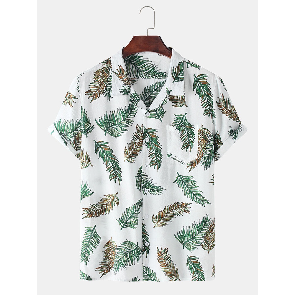 Mens Cotton Leaves Print Revere Collar Short Sleeve Shirts - White M