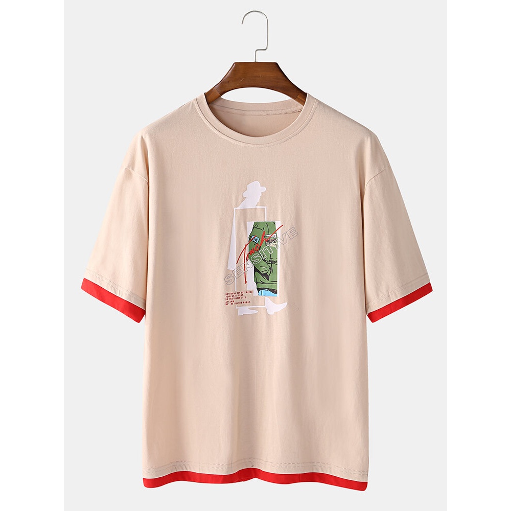 Mens Patchwork Print Crew Neck Short Sleeve T-Shirts - Apricot L