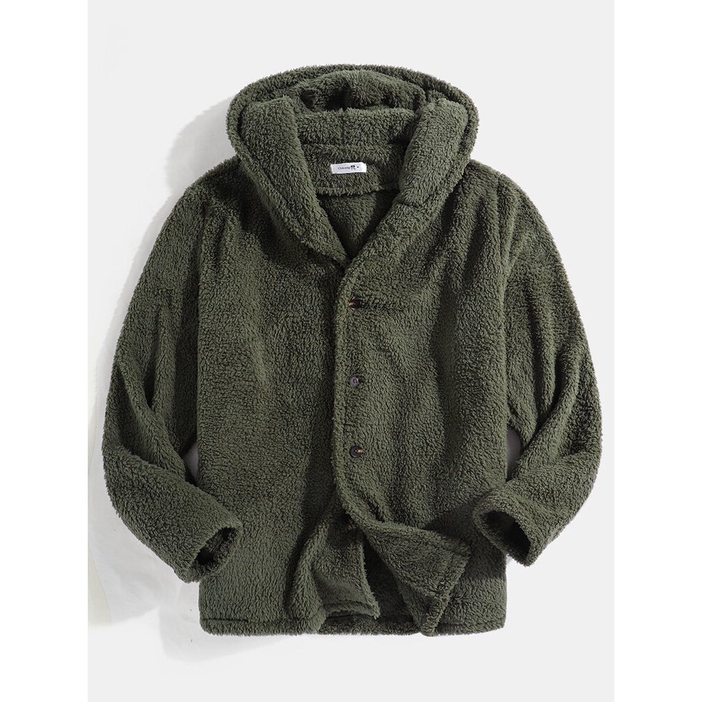 Fluffy Solid Color Button Front Teddy Hooddie Jacket - L Black