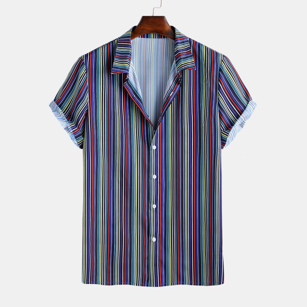 Men Vertical Stripe Short Sleeve Colored Shirts - M Green - Image 2