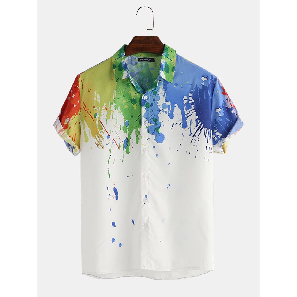 Mens Splash Ink Watercolor Print Short Sleeve Beach Party Business Casual Shirts - S Colorful