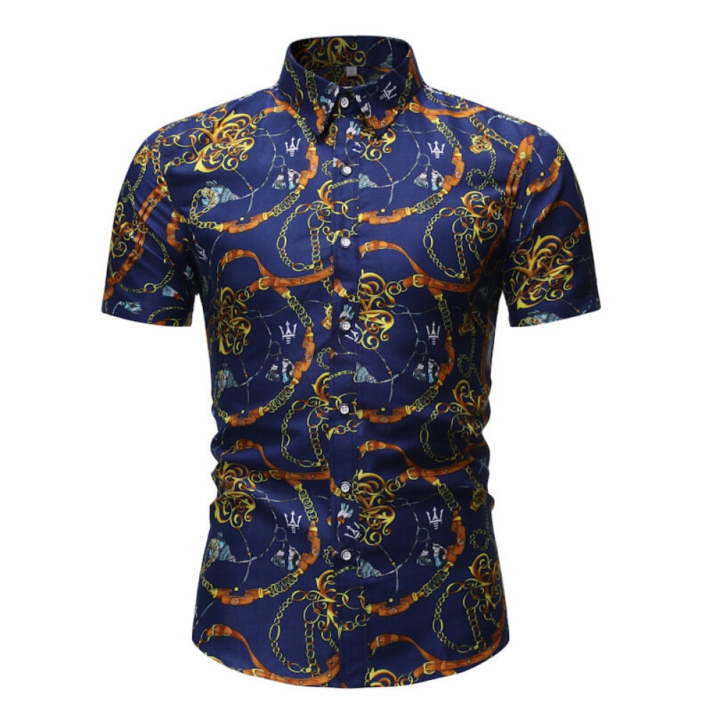 Mens Fashion Ethnic Pattern Printed Casual Shirts - S Dark Blue