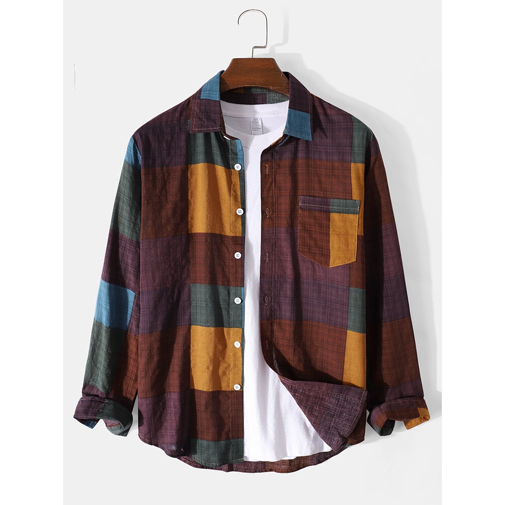 Mens Colorful Plaid Lapel 100% Cotton Casual Long Sleeve Shirts - Purple S