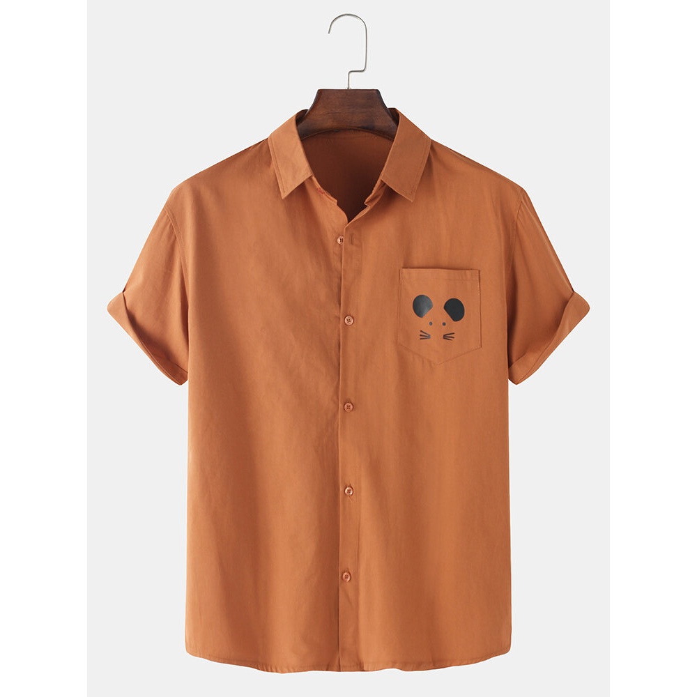 Abstract Mouse Print Solid Color Chest Pocket Button Up Cotton Short Sleeve Shirts - White 2XL