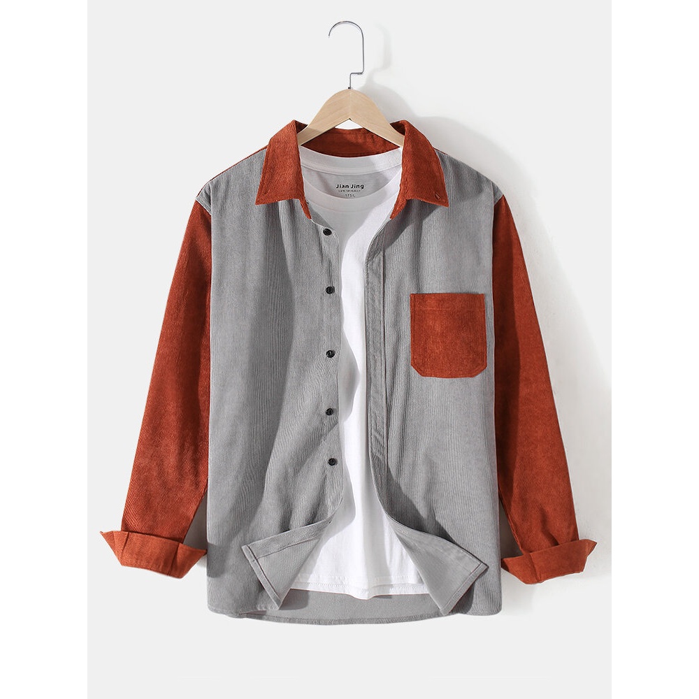 Mens Patchwork Corduroy Color Block Lapel Long Sleeve Shirts - Orange S