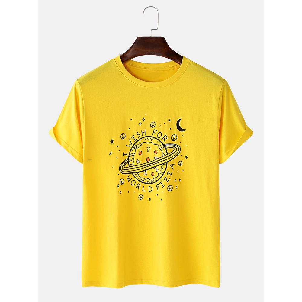 Cartoon Planet Print Round Neck Short Sleeve Loose T-Shirts - Yellow L