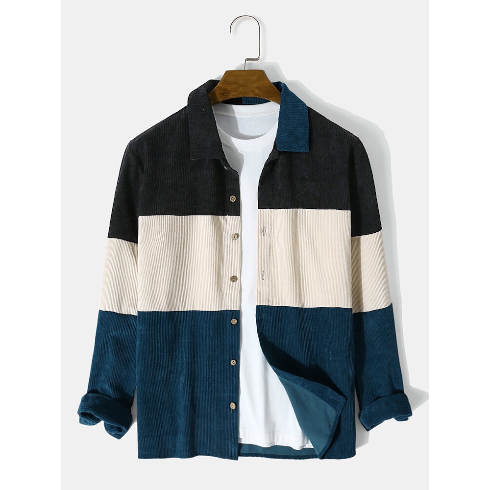 Mens Splicing Corduroy Color Block Button Casual Shirt - Blue 2XL