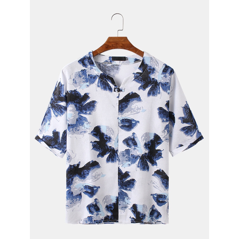 Men Abstract Print Stand Collar Chinese Frog Short Sleeve Ethnic Shirts - Blue L