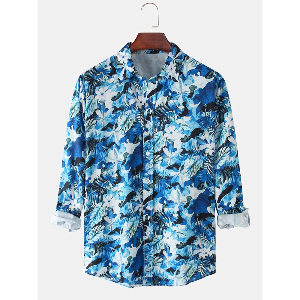Mens All Over Plant Leaf Printed Lapel Regular Fit Button Up Long Sleeve Shirts - Blue S