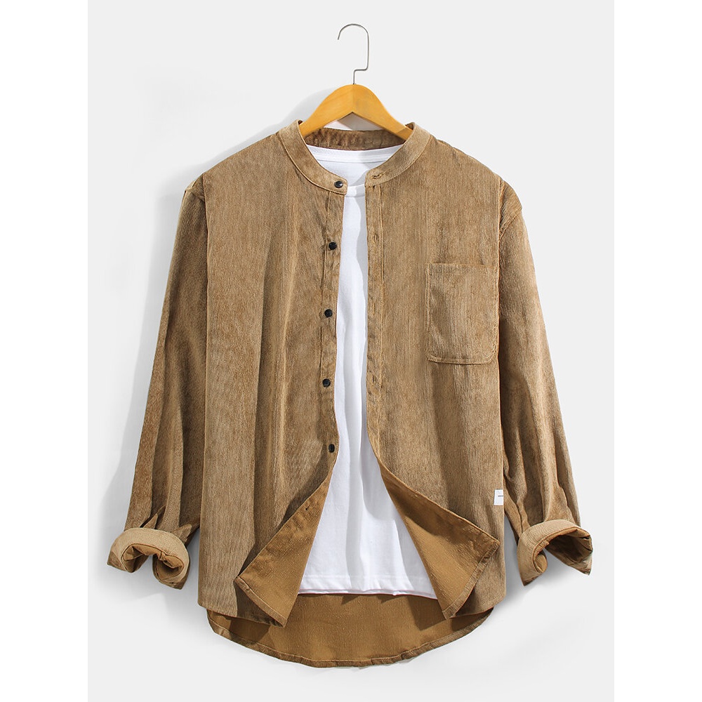 Mens Cotton Vintage Solid Color Casual Fit Stand Collar Long Sleeve Shirts With Pocket - Grey S