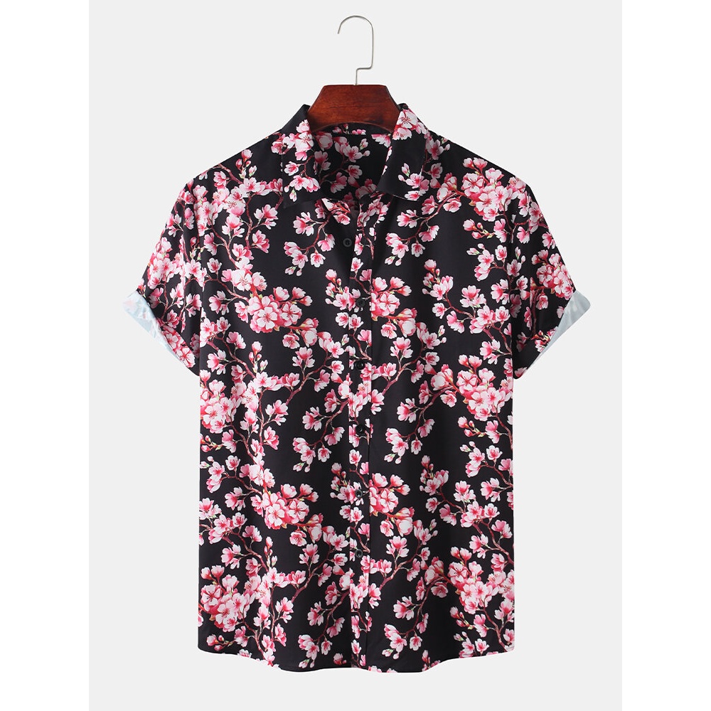 Mens Holiday Sakura Printing Short Sleeve Casual Shirts - Black XL