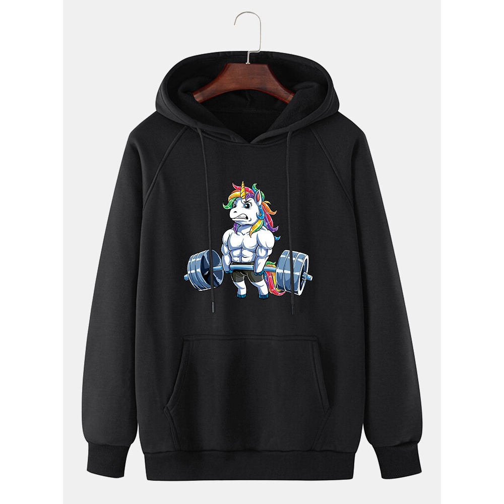 Mens 100% Cotton Cartoon Rainbow Horse Print Kangaroo Pocket Long Sleeve Hoddies - Black M