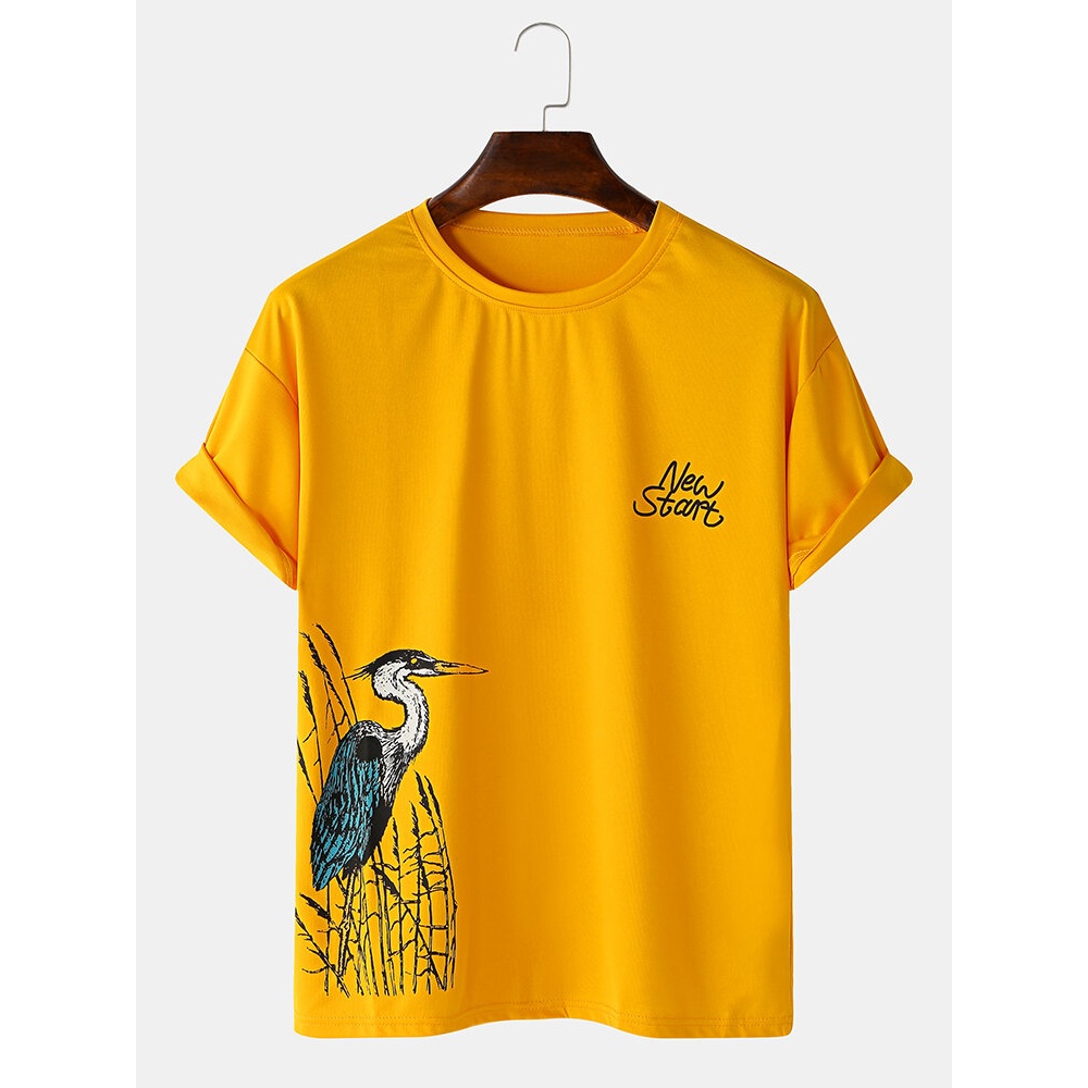 Mens Designer Letter Embroidery Bird Print Short Sleeve T-Shirts - Yellow M